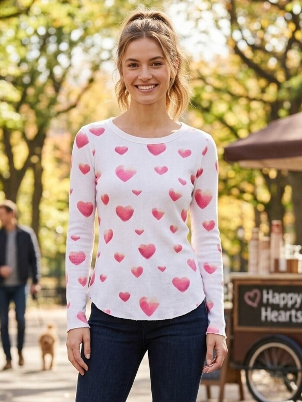 Chaser Women's White Heart Print Waffle Textured Longsleeve Shirt Size Small